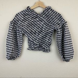 YT & UR Black White Gingham XS Smocked Crop Top Ballon Puff Sleeve Strap F82